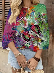 Spring Summer Women's Hollow Out Batwing Sleeve Knit Top, Colorblock Butterfly Print, Casual Elegant Commuter Wear, Boho Beach Cover-Up, Sheer Cover Ups