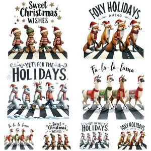 Christmas Animal Pattern Heat Transfer Stickers, 4 Large & 4 Small, Clothing Decoration, Fashion DTF Film, DIY Accessories