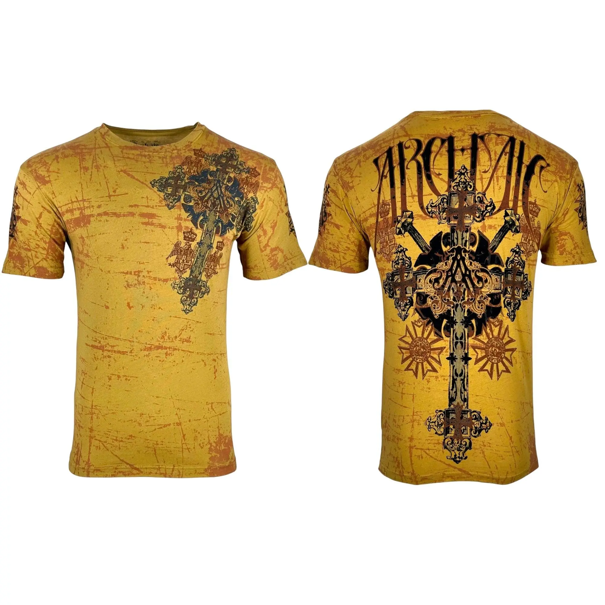 ARCHAIC Men's Metalloid Fashion Streetwear Top with Flocked Graphic, Short-Sleeve Round Neck and Fitted Cut in 100% Cotton, Tshirt