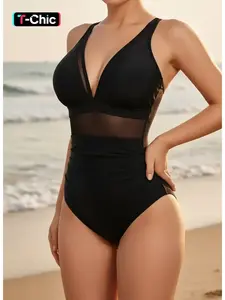 New Solid Color V Neck Mesh Patchwork Crinkle One Piece Bikini, Ruched Swim Suits, Casual Summer Swimwear, Thin Fabric, Fitted Style