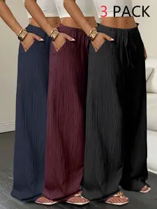 3pcs Women's Solid Color Tie-Waist Straight Leg Loose Fit Casual Pants, Drawstring Waist Wide Leg Long Pants, Summer Breathable Home Wear