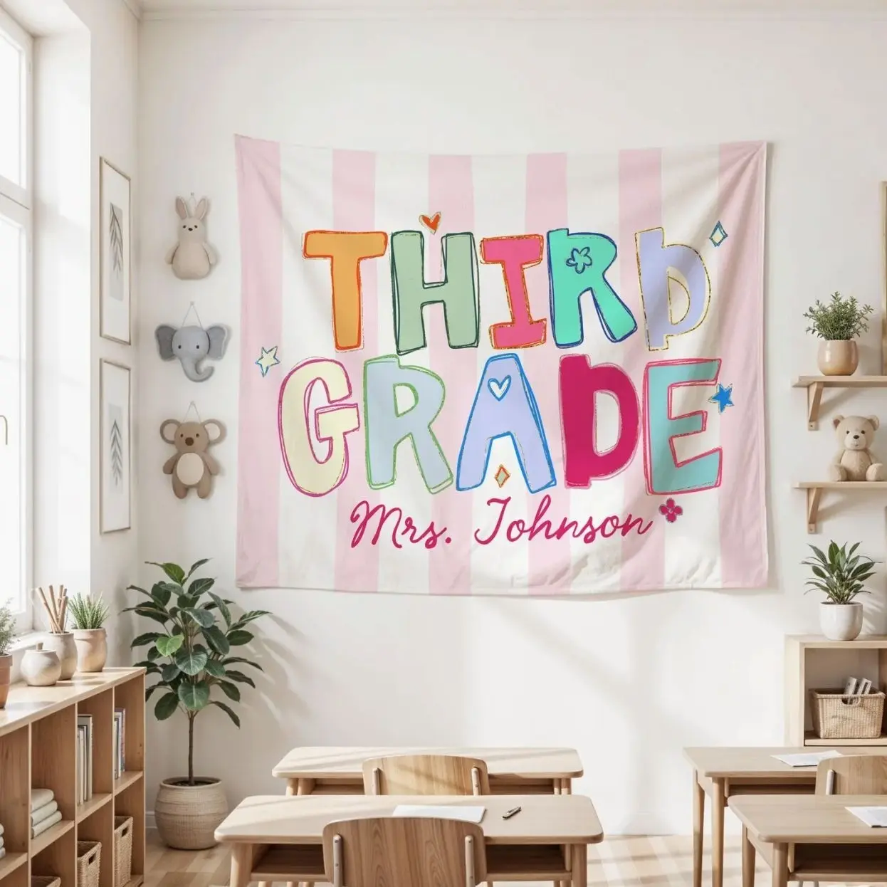 Personalized Third Grade Teacher Banner, Custom Teacher Name Classroom Banner, Hand Drawn Striped Coquette Classroom Tapestry