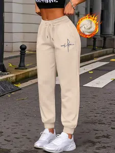 Women's Lamb Wool Pants, Christ Letter Print, Winter Warm Thick Fleece Long Trousers, Casual Daily Wear, Comfortable & Stylish