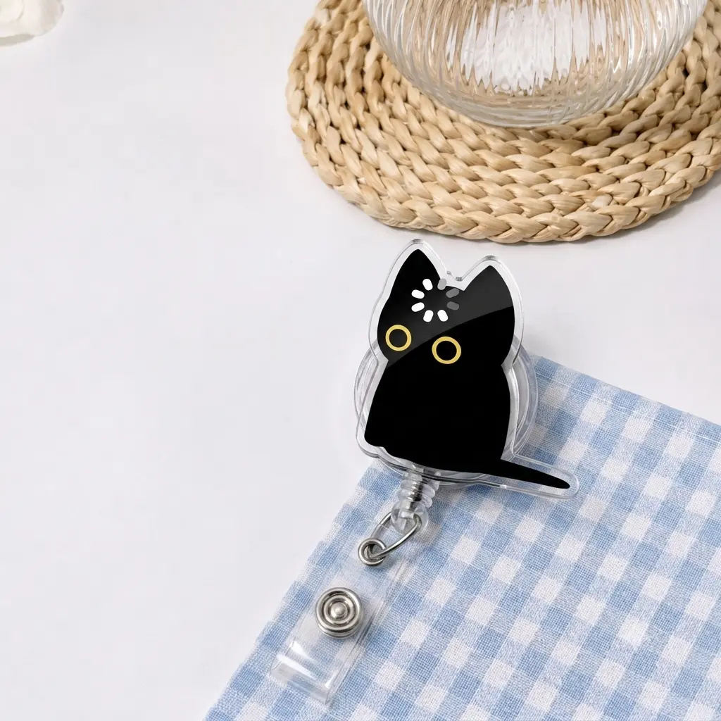 Cute Black Cat Badge Reel, Funny Loading Kitty ID Badge Holder, Kawaii Retractable Badge Clip, Nurse Teacher Office Worker Gift