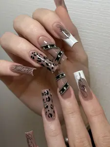 Leopard French Tip Press On Nail Box, Nude Pink Bling Acrylic Nails with Rhinestone Chains, Y2K Glam Luxury Nail Set