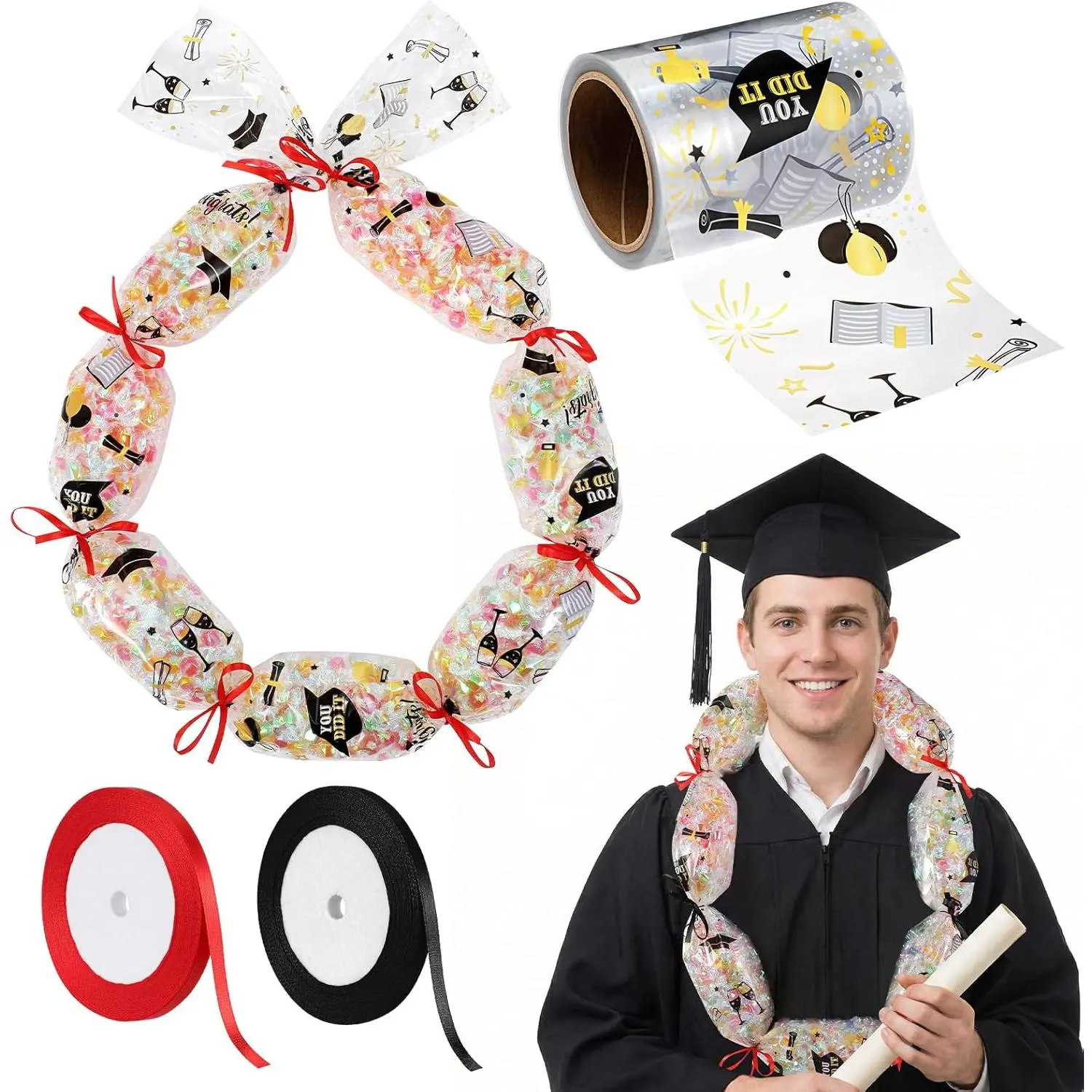 2026 Graduation Candy Leis Kit, 98 ft Tubing with 2 Ribbons, Congrat Grads DIY Necklace Making Supplies  for Class of 2026-5.3" Wide for Snacks and  Leis