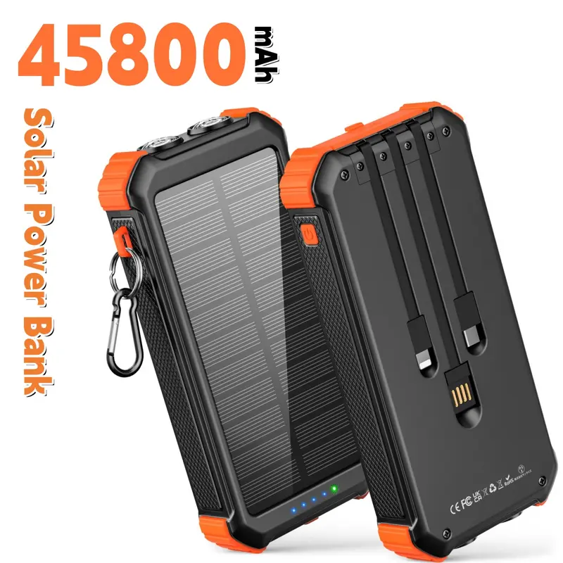 GOODaaa High-Power Rechargeable Battery Power Bank - 45800mAh Emergency Battery Pack, 4 Outputs, Dual LED Solar+Flashlight, USB-C In/Out, QC3.0 18W Fast Charging, 5V/3.1A, Micro USB Compatible, 3h Charging Speed, ABS Housing, for iOS & Android Devices