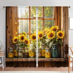 Sunflower Window Print Curtains Set of Two Pieces, Garden Style Conventional Width Drapes, Home Decor for Living Room & Bedroom