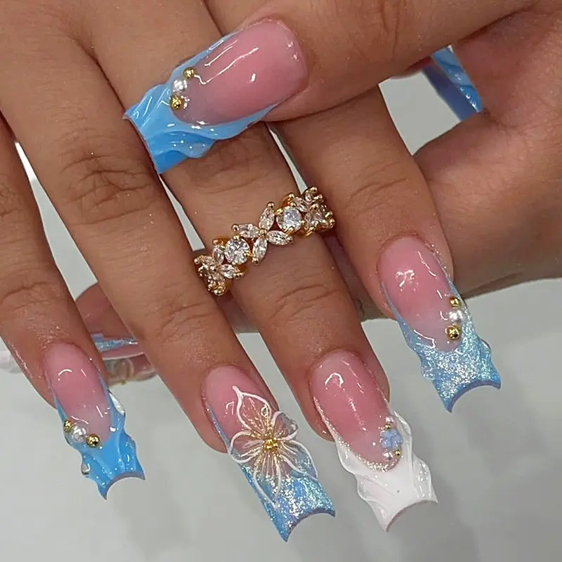 Long Ballerina Shape False Nails, Fake Nail, Decorative Nails, French Style Press-On Nails, Glossy Finish, Reusable, High-Quality Nail Art, Nail Design, for All Women