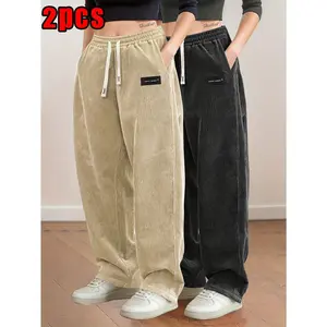 Women's 2-Pack Corduroy Wide-Leg High-Waisted Drawstring Casual Sports Bottoms, Soft Durable Non-Stretch Good Drape Fabric, Versatile Stylish Lounge Pants in Multiple Colors for Summer