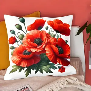 Single-Sided Print Pillowcase, Fresh Poppy Floral Pattern, 2D Flat Print Design, Hidden Zipper, Home Decor, Sofa, Car, Bedroom