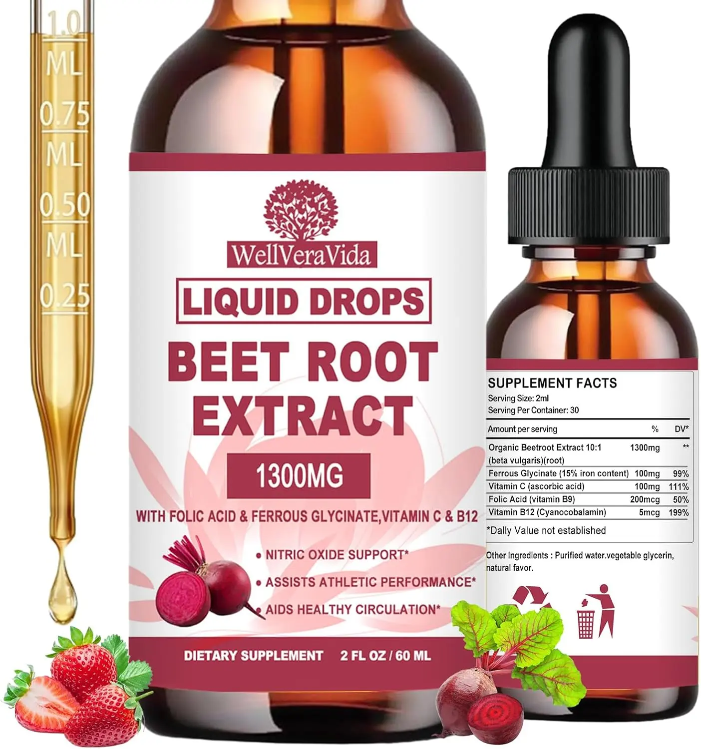 BeetRoot Supplement, Organic Beet Root Extract Drops W/Iron Folic Acid, Vitamin B12 & C for Nitric Oxide , Superior Liquid to Beet root Capsules or PowderSugar Free