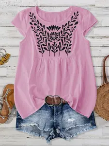 Plus Size Women's Floral Embroidered Woven Round Neck Batwing Sleeve Top Blouse, Casual Vacation Wear, Loose Fit Long Sleeve Shirt, Womenswear, Embroidery