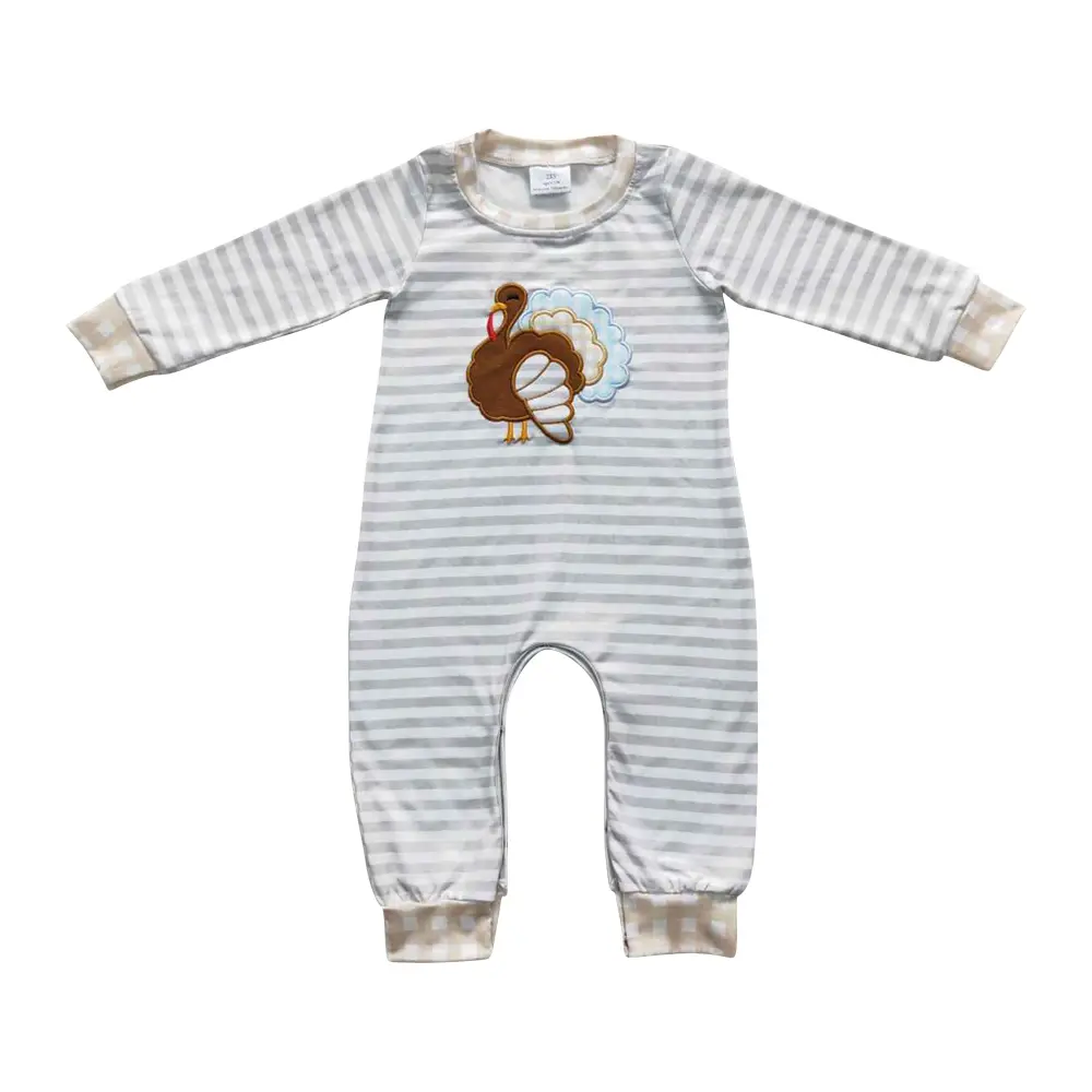 Toddler Boys' Onesie Jumpsuit, Striped Long-Sleeve with Thanksgiving Turkey Embroidery, Character-Themed Romper, Character-Themed Boys' Jumpsuits, Casual Boys' Jumpsuits