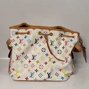 Pre-owned Louis Vuitton canvas Shoulder Bags Takashi Murakami Monogram white Multicolor Petit Noé Bucket XP01724