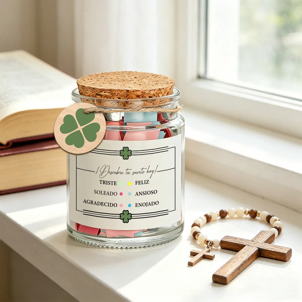 1 Set Spanish Emotional Bible Verse Jar with Color Coded Scripture Cards, Inspirational God’s Word Notes in Spanish for Different Moods, Christian Religious Gift, Clover Print & Wooden Charm, Cork Lid Glass Prayer Jar
