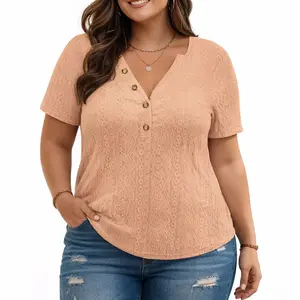 Plus Size Summer Tops for Women V Neck T Shirts Short Sleeve Dressy Henley Buttons Up Tunics Eyelet Blouses
