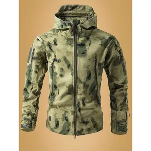 Men'S Outdoor Camouflage Soft Shell Fleece Jacket, Hooded, Zipper Closure, Polyester, 320g/m², Loose Fit, Solid Color, Woven, with Polyester Fiber Lining, for Autumn, Winter, Tactical, Hiking, Work Wear