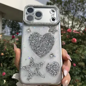 Handmade Phone Case Heart Star Decoration Soft Shell Sparkling Sequins Protective Cover for iPhone 17 16 15 14 13 12 11 Pro Max