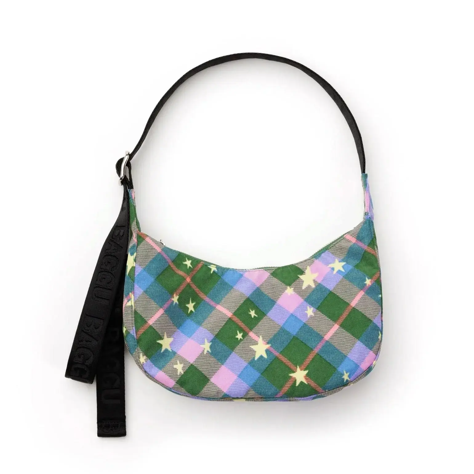 Baggu Small Nylon Crescent Bag - Green Star Plaid