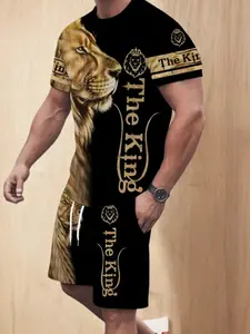Men's Lion Graphic Tee & Shorts Set, Loose Fit Summer, Casual All-Over Printed Short Sleeve Top, Beach Party Wear