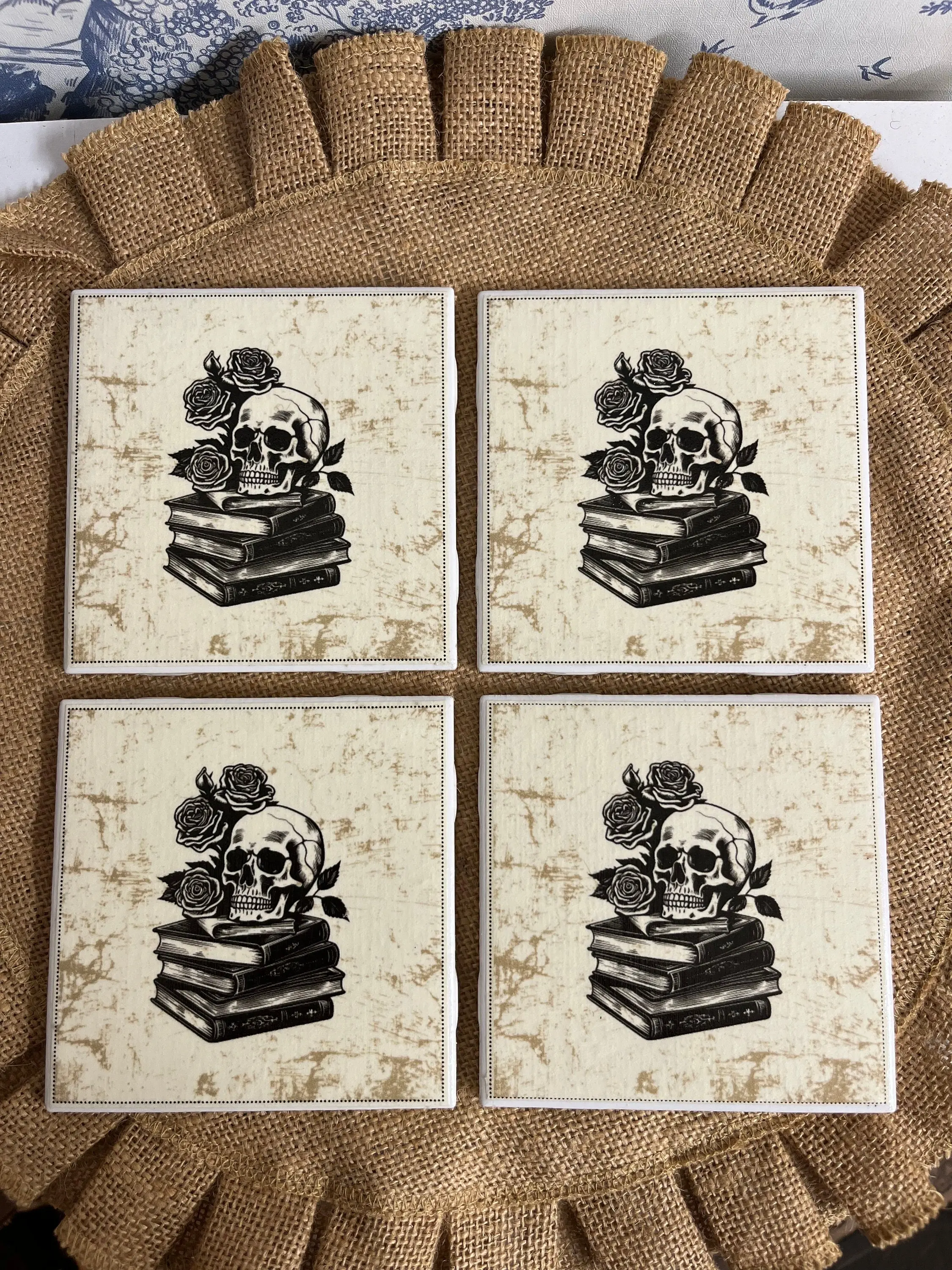 Dark Academia Skulls and Books Tile Coasters, home decor
