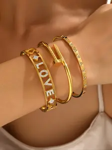 Roman Numeral & Diamond Gold Bangle Stack | Trendy Luxury Bracelet Set | Edgy Statement Jewelry for Women (Daily/Party Wear)