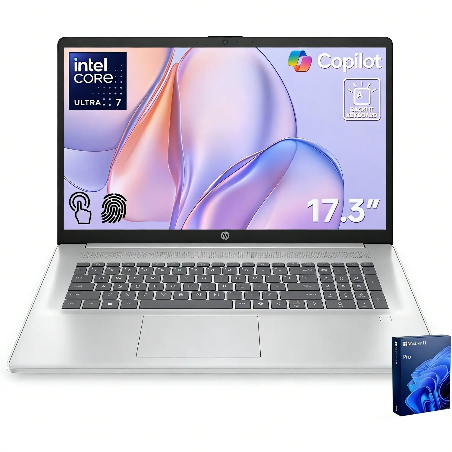 HP Pro Business Copliot AI Laptop PC, 17.3" Touchscreen, Ultra 7 255U, Up to 32GB DDR5, Up to 2TB SSD, Wi-Fi 6, Webcam, Backlit Keyboard, Fingerprint Reader,Win 11 Pro,Silver