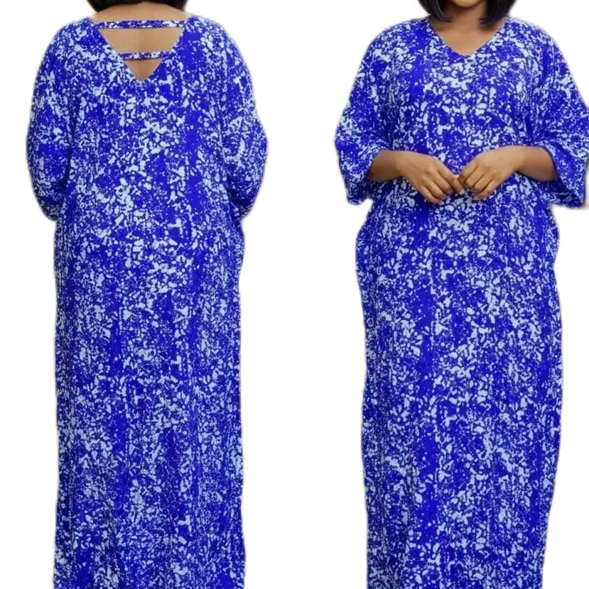 Omoge Ankara Boubou - Blue Floral Maxi Dress with V-Neckline and Long Sleeves for Women