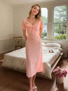 Women's Elegant Feminine Lace Trim Aesthetic Nightgown, Short Sleeve Ruffled V-Neck Sleepwear, Soft Long Nightie with Bow Knot, Maternity-Friendly Loungewear