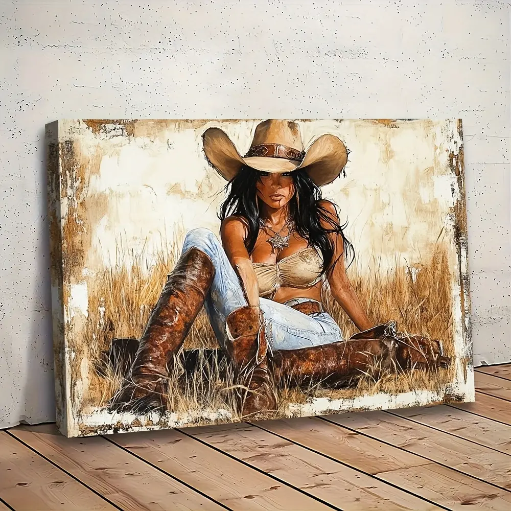 A style wooden frame canvas, Western cowboy girl style, 11.8x 15.7inch inches, ready to hang, vintage Western decoration for farmhouse, bedroom, kitchen, office, bar, and living room, earth tone, 2D flat, perfect for room decoration