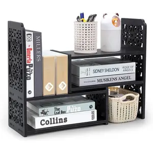 Desk Organizer Shelf, Expandable Bookshelf for Desk, Small Desktop Bookshelf, Mini Cute Adjustable Office Desk Shelves, Black
