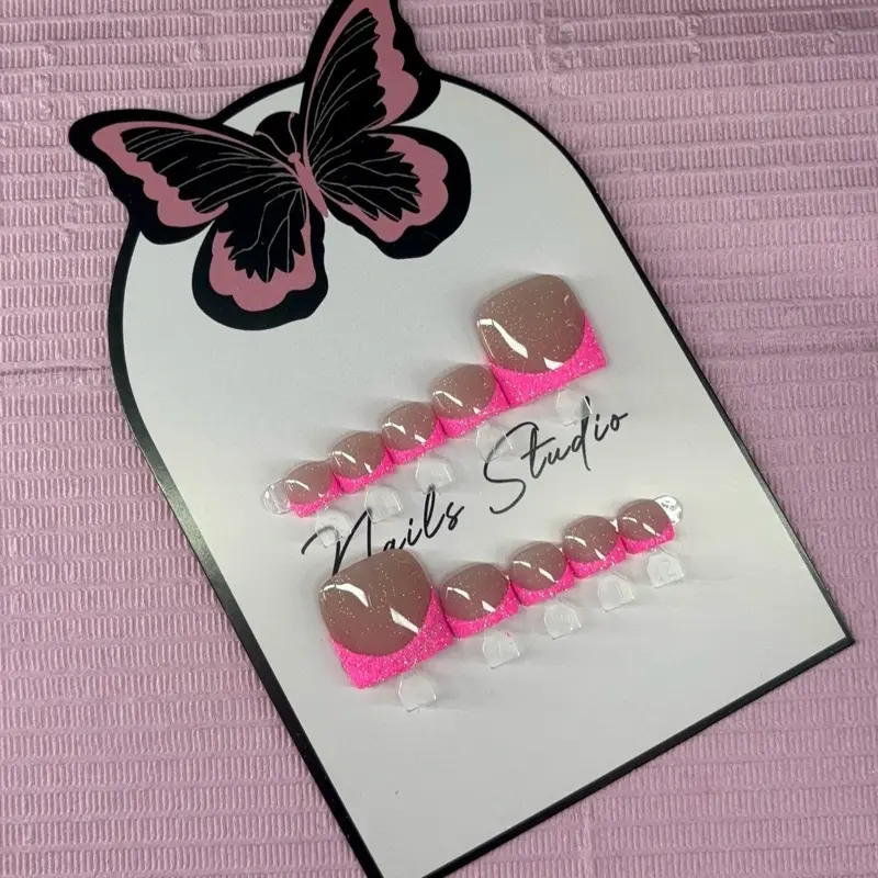 Press on toenails pink glitter French tips handmade custom builder gel nude