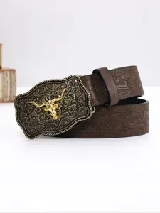 Western Cowboy Style Pu Buckle Belt, Vintage Floral Embossing Belt for Men & Women, Fashion Belt for Party, Trendy All-match & Exquisite Belt for Gift, Design Belt