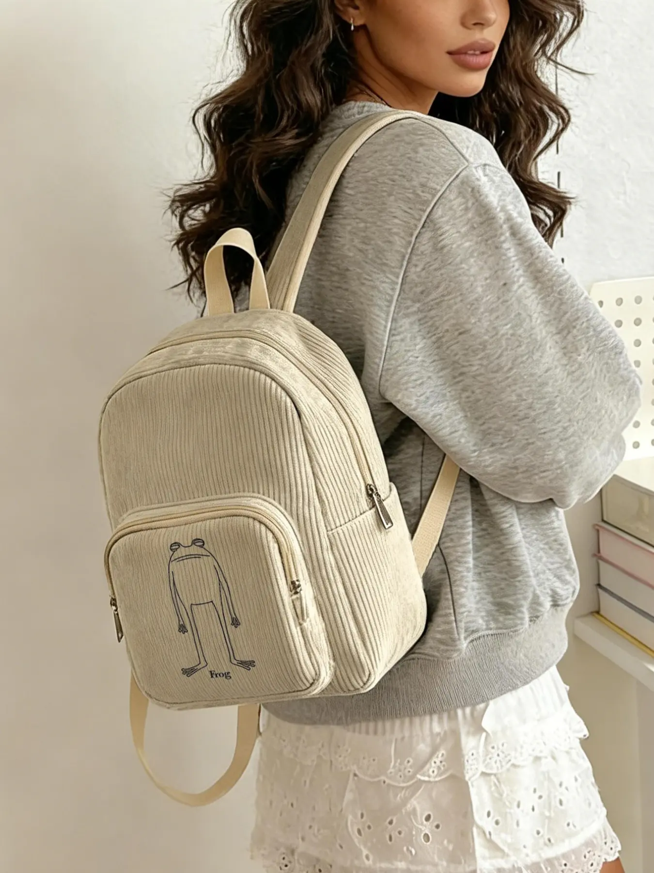 1 piece of frog pattern outline 2D printed lady's backpack, corduroy texture + layered storage + light weight reduction | perfect for students going to class/shopping/short trips | atmosphere and practicality combined