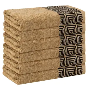 REGALWOVEN Geometric Patterns Washcloths Set, Cotton Bath Towels, Low Linting Face Towels for Bathroom, Hotel, Spa 13" x 13" 6 Pack Light Brown
