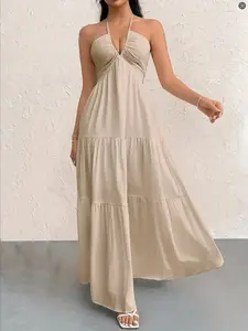 2026 Summer Women's Deep V Off-Shoulder Bohemian Belt Tiered Maxi Dress, Wedding & Party Casual Gown, Cross-Border Fashion