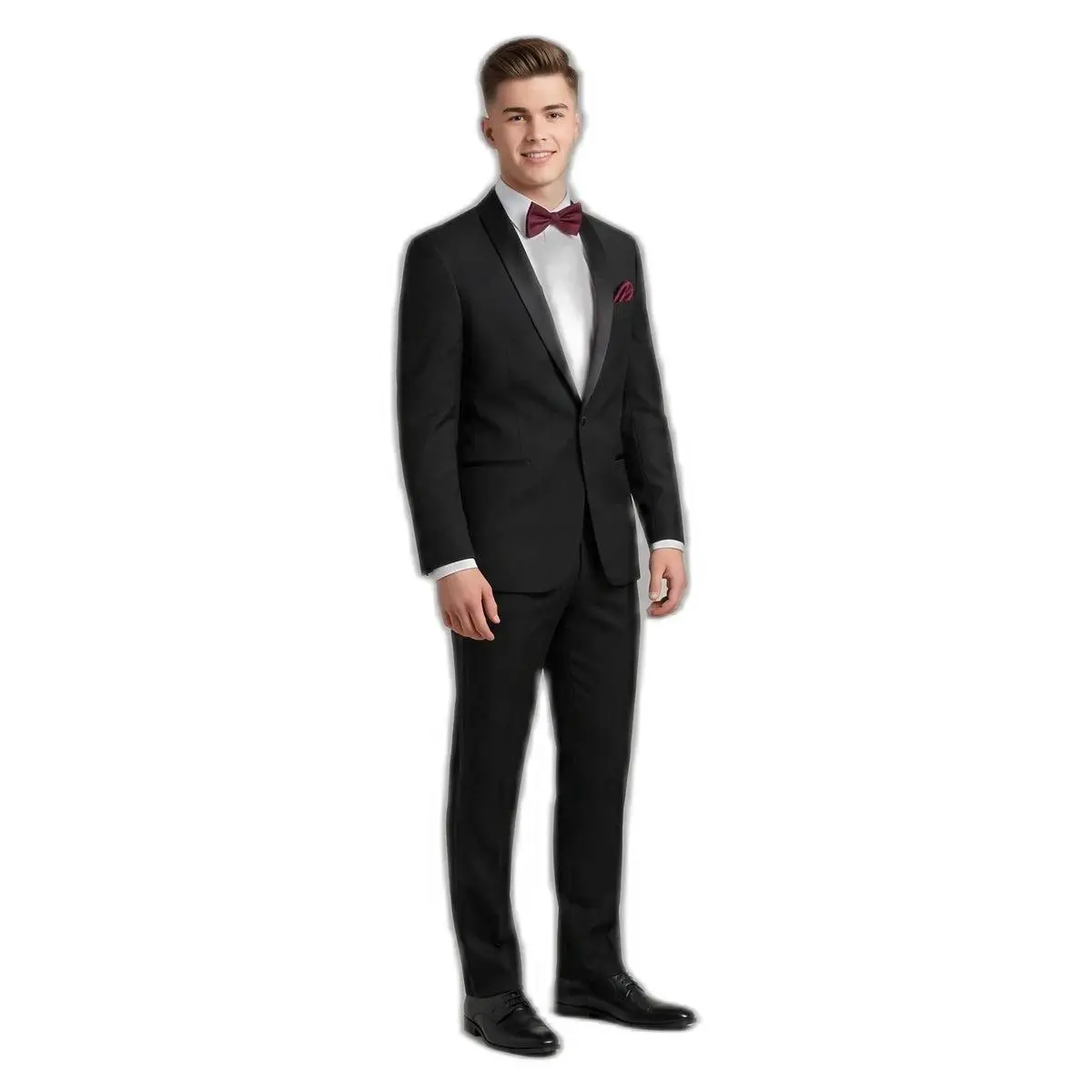 The Dark Horse – Black Tuxedo + Burgundy Bow Tie | Prom 2026