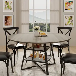Circle Kitchen Dining Table, Room Round Table Set for 4‑6 –Dining with Metal Base – 47/42 Inch Wooden Round Dining Table with Storage Shelf