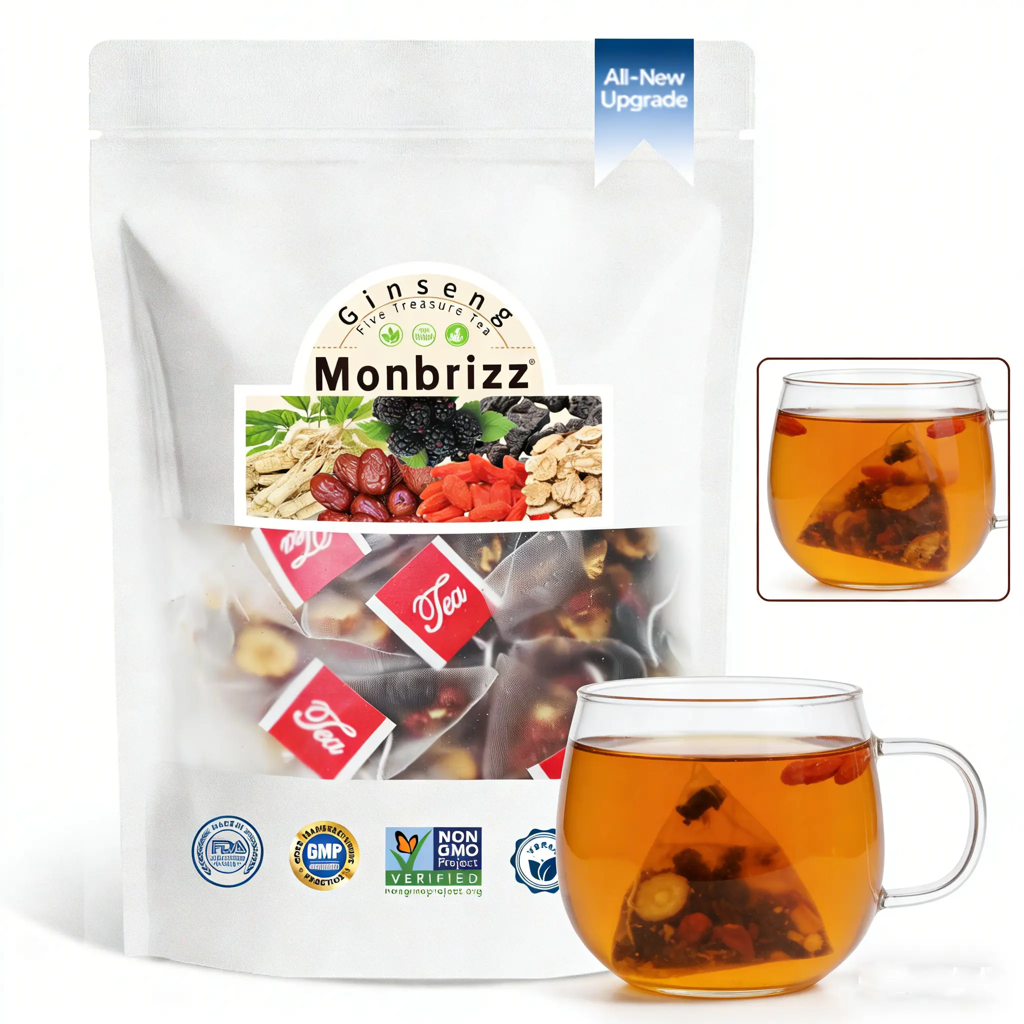 [Upgraded Formula] MONBRIZZ Summervibes  Herbal Tea Five Treasure Ginseng Kidney Tea Organic Edible Corn Fiber Tea Bags Gift for Mom & Men 7 Precious Ingredients Natural Herbal Beverage Good for Kidney