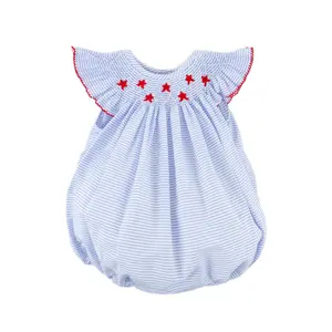 Stars and Stripes Light Blue Smocked Angel Sleeve Bubble