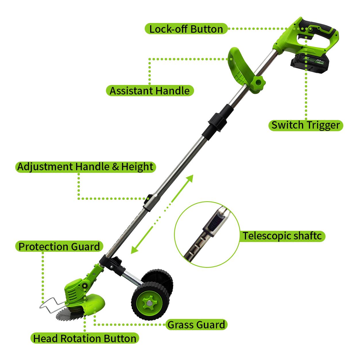 Cordless Weed Wacker with Wheels, Telescopic Brush Cutter with Tungsten Steel Saw & Metal Blades, 21V Max 3-in-1 Electric Trimmer for Yard Work, Father's Day Gifts,Women-friendly