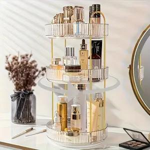 Transparent Acrylic Two-Layer Rotating Storage Box with Golden Metal Stand for Skincare & Cosmetics 360° Rotation Space-Saving Design Ideal for Bedrooms & Bathrooms Home Decor Organiser Beauty Organizer