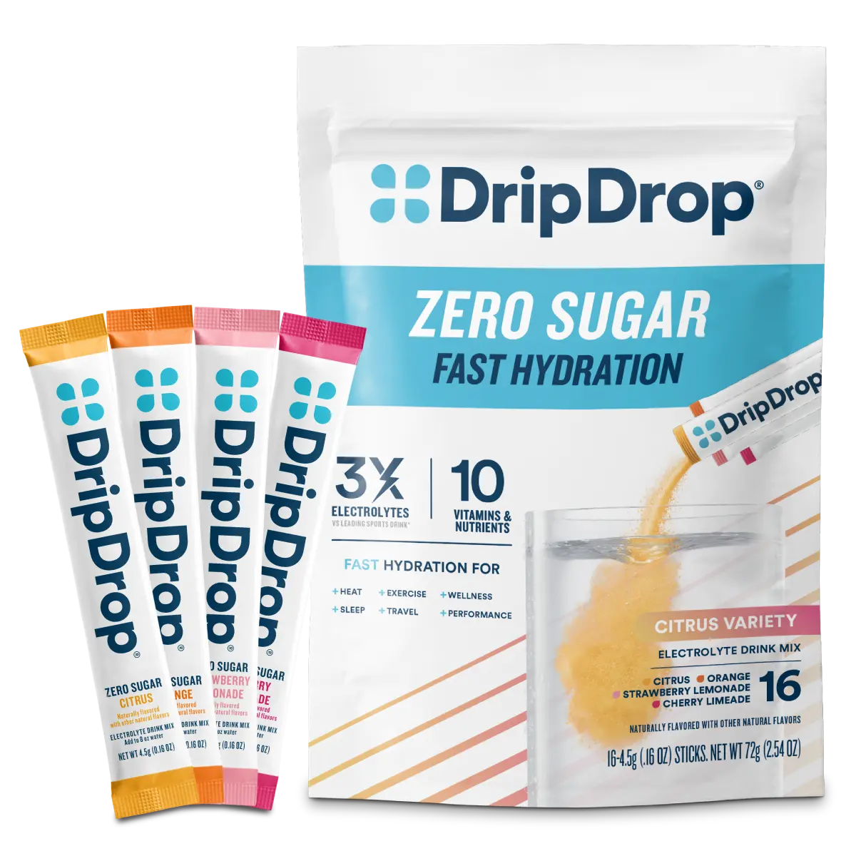 DripDrop Zero Sugar Citrus Variety Pack Electrolyte Powder, 8 oz sticks, 16 count DripDrop Zero Sugar Citrus Variety Pack Electrolyte Powder, 8 oz sticks, 16 count