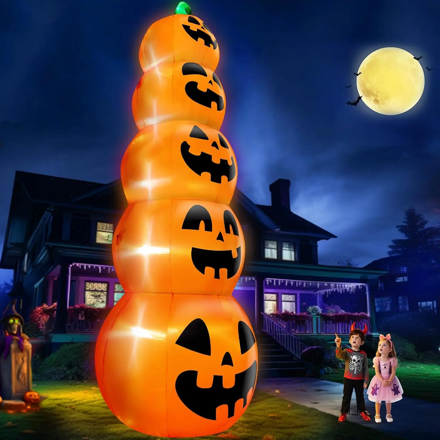 14 FT Giant Halloween Inflatable Stacked Pumpkins Outdoor Decoration | Built in 5 LED Lights, Halloween Blow up 5 Pumpkins Yard Decorations for Lawn Garden Party Decor TURNMEON Set Spooky