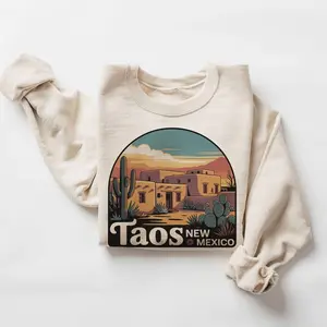 Retro Taos New Mexico Adobe Houses Sweatshirt - 90s Desert Cactus Mountains Skiing Travel Destination - Boho Unisex Crewneck Sweatshirt 444