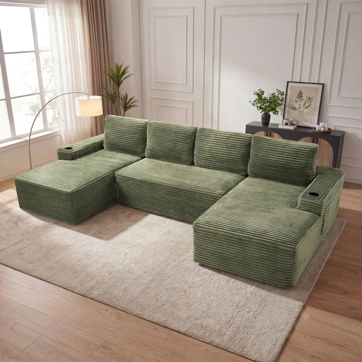133" U Shaped Cloud Couch Modular Sectional Sofa with Cup Holder and Side Pocket, Corduroy Sectional Sofa for Living Room, Deep Seat Boneless Sofas with 2 Lounge Chaise, No Assembly Required,Green