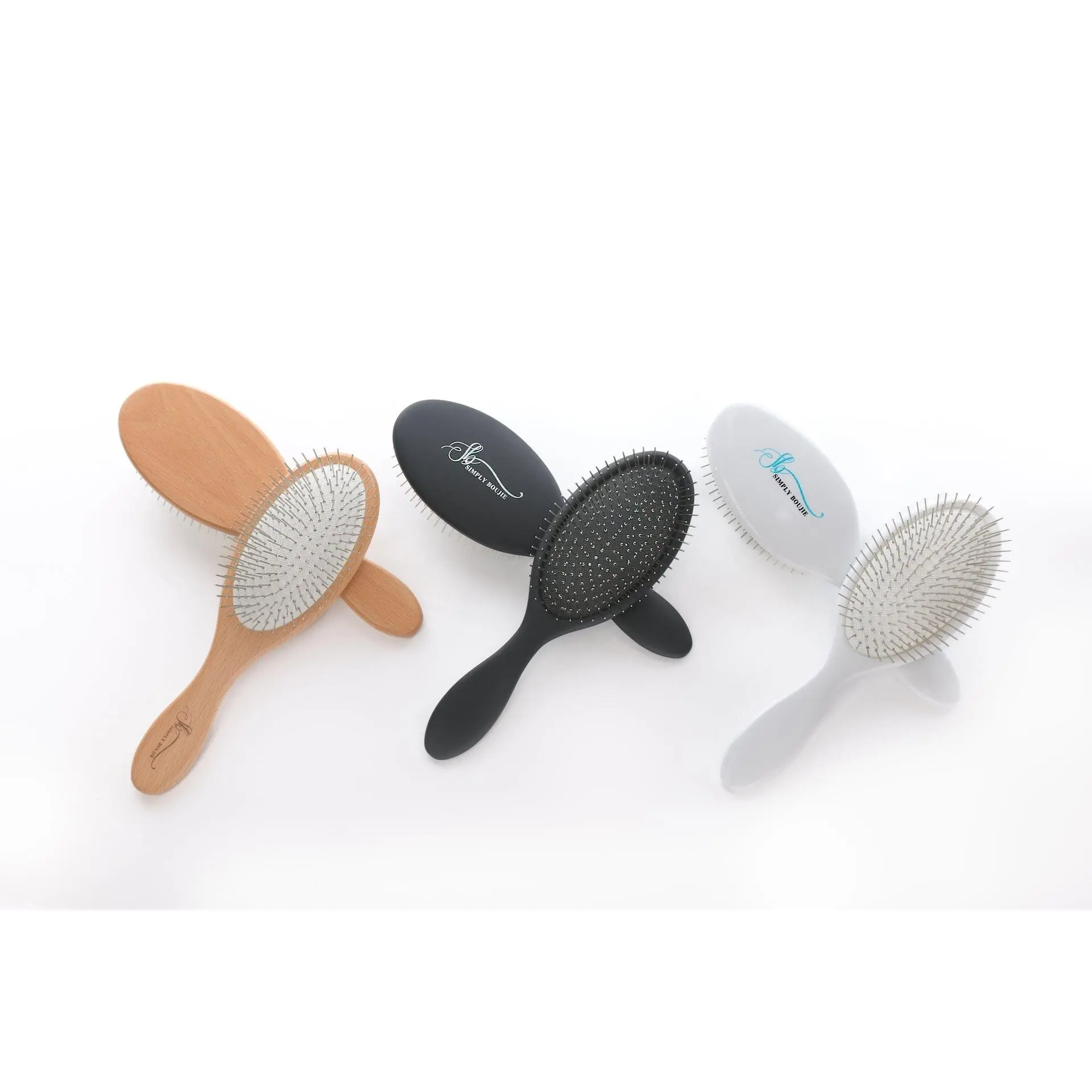 Simply Boujie 3-Brush Hair Brush Bundle - 1 Each of Matte Black, Pearl White, Beech Wood Styles - Stainless-Steel Detangling Gift Set, Wet or Dry Use, Wig & Extension Safe