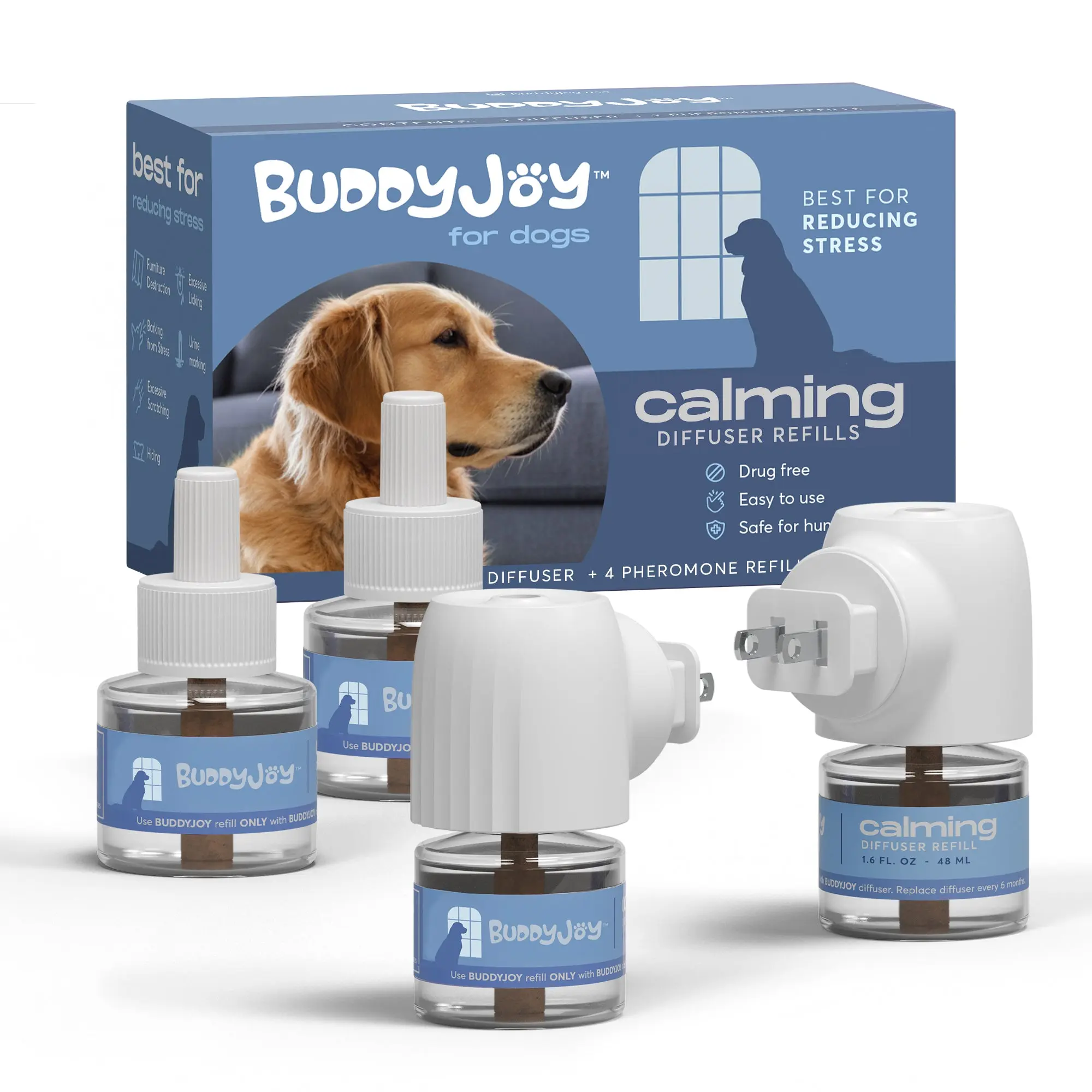 BUDDYJOY Dog Calming Diffuser Kit – Long-Lasting 30-Day Formula with Pheromones for Stress Relief, Relaxation, and Anxiety Reduction in Dogs Easy to Use – (2 Diffusers + 4 Refills)