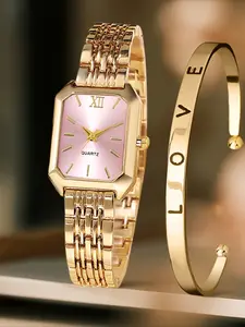 2-piece elegant ladies' watch gift set, stylish and romantic open mouth bracelet paired with palace style quartz watch set, classic retro rectangular dial, comfortable alloy strap, perfect gift for family and friends